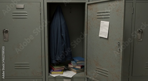 Empty school locker with jacket and books