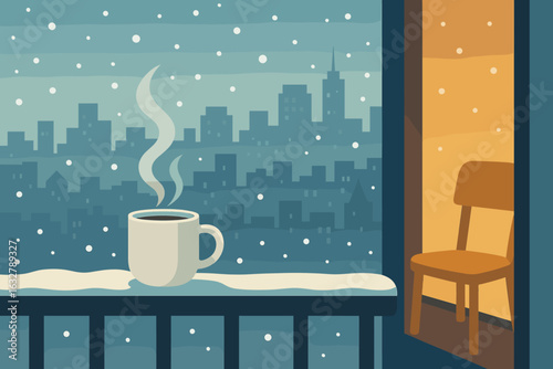 Cozy winter morning with a warm drink on a balcony overlooking a snowy cityscape at dawn