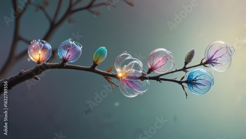 Magical Fairycore Branch Background Featuring Glass-Like Pods with Rainbow Reflections

