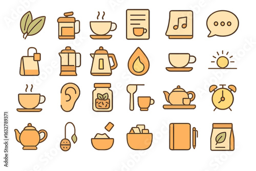 Coffee and tea related icons showing different activities and items for beverage preparation and enjoyment in a whimsical style