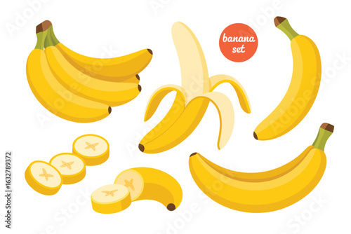 Collection of ripe yellow bananas in various stages of preparation