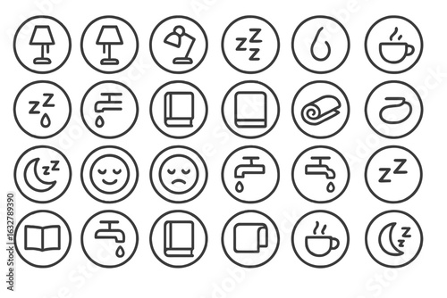Icons representing various activities and objects related to relaxation, sleep, and daily routines in a minimalist design style