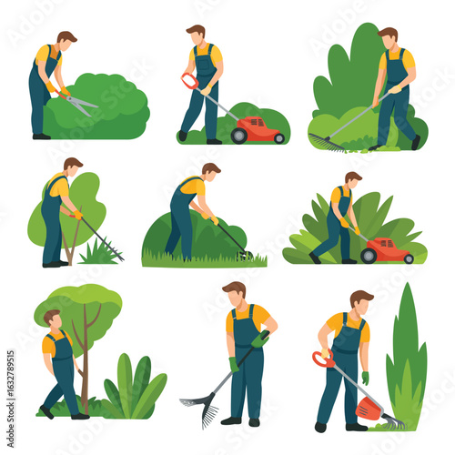 Gardener performing various landscaping tasks with tools and plants