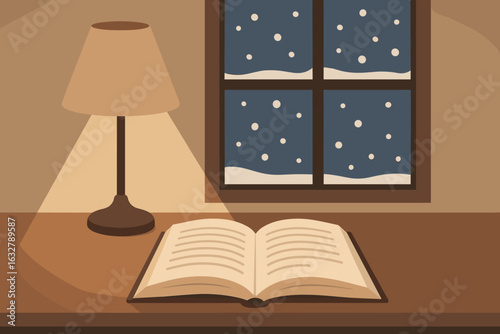 Cozy indoor reading space with an open book and snow falling outside during winter evening
