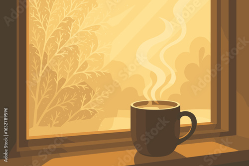 Warm cup of coffee resting on a windowsill with golden morning light streaming in and soft steam rising