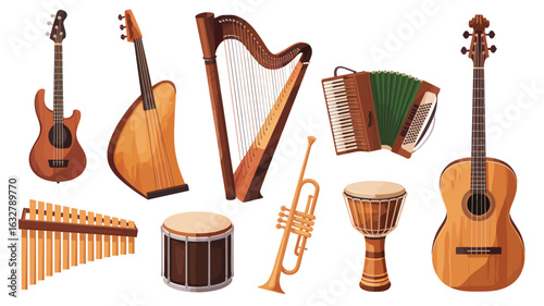 Collection of various musical instruments on a white background