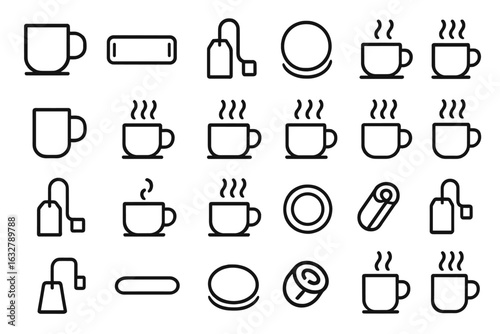 Collection of minimalist cup and tea bag icons in various arrangements and sizes showcasing different styles