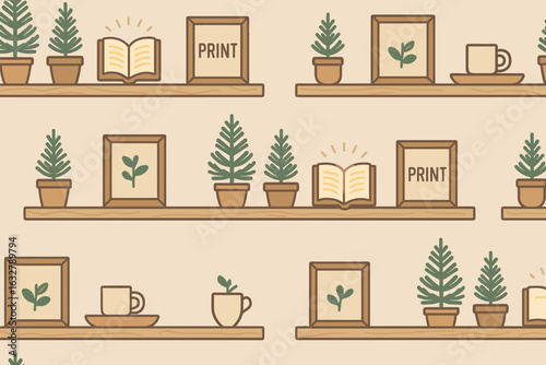 Decorative shelves featuring potted plants, books, and framed art in a cozy interior setting