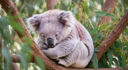 Sleepy koala in eucalyptus tree