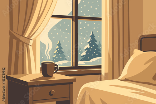 Cozy winter morning with snowfall outside a warm bedroom window and a steaming cup of coffee on the bedside table