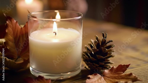 A warm and cozy zoom-in on a fall-scented candle surrounded by seasonal elements — ideal for wellness, autumn decor, or lifestyle content.