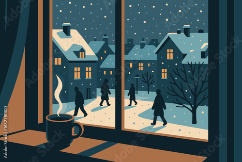Cozy winter evening with snowfall seen through a window overlooking a quiet neighborhood stroll