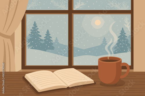 Cozy winter day with a warm drink and an open book by the window