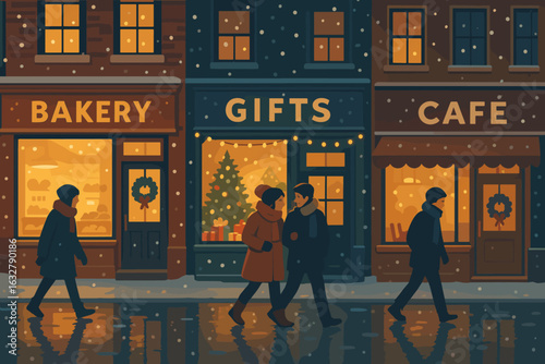 Winter evening stroll with friends in a cozy shopping district adorned with festive lights