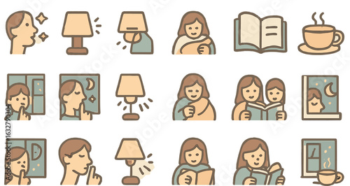 Illustrations depicting peaceful evening activities in a cozy setting for relaxation and quiet time