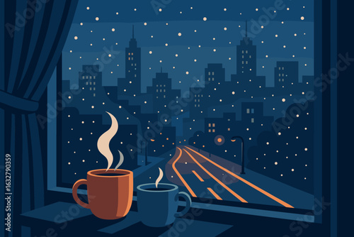 Cozy winter evening with steaming cups of coffee overlooking a snowy cityscape at night