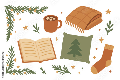 Cozy winter elements featuring a warm drink, blanket, and holiday decorations for a festive atmosphere