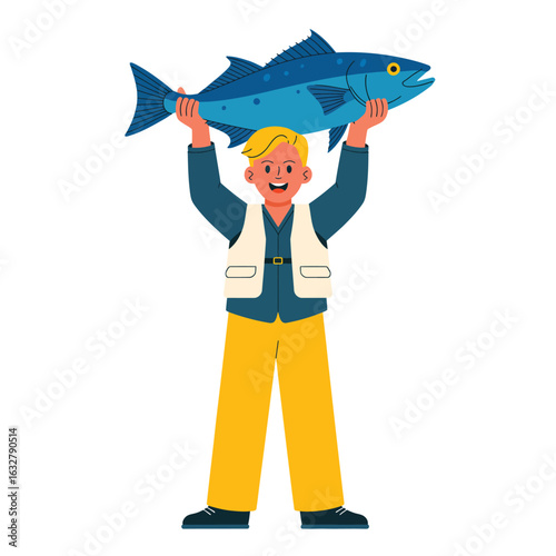 Happy fisherman holding up a large blue fish catch