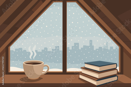 Cozy attic window scene with steaming coffee cup and stacked books on wooden sill during snowy winter day illustration