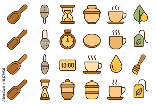Seamless tea preparation pattern with cups, tea infusers, timers, jars, tea bags, honey dippers, and warm drink elements