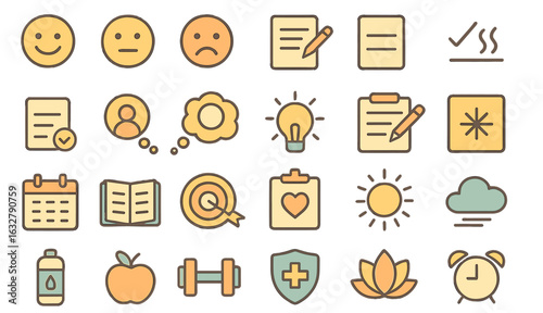 Wellness and productivity icon set featuring mood tracking, health goals, hydration, journaling, and mindfulness elements