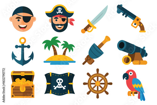Collection of cartoon pirate elements and symbols for adventure and treasure hunting