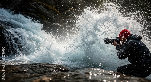 Photographer capturing waterfall splash