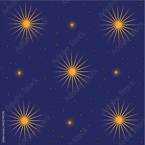 A square vector image representing a seamless pattern with a repeating starry sky motif. On a dark blue background there are orange and yellow stars of different sizes. Some stars are depicted as brig