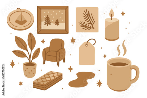 Cozy home setting featuring warm decor elements, a cup of coffee, and seasonal touches