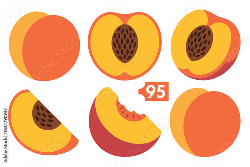 Collection of fresh peaches whole halved and sliced with pit