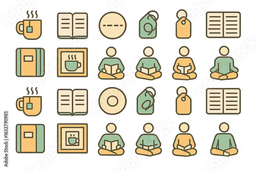 Cozy moments spent reading while enjoying coffee in a warm, inviting atmosphere with simple icons
