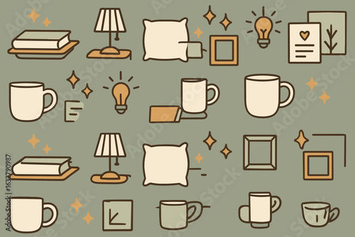 Decorative illustration featuring cozy home elements like lamps, books, and coffee cups in soft colors on a muted background