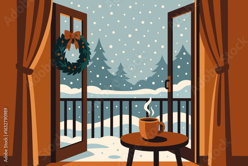 Winter morning with steaming cup of coffee by open window and snowy landscape outside