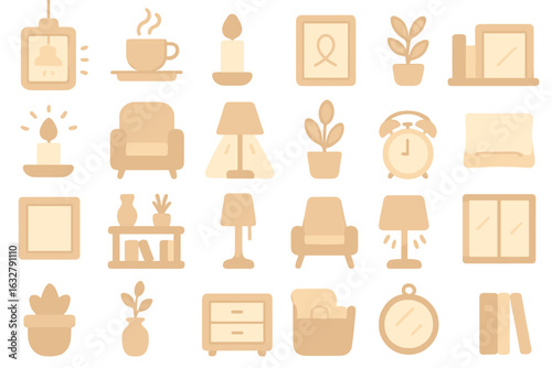 Unique collection of cozy home decor elements in soft tones featuring furniture, plants, and comforting items for a warm living space