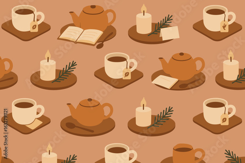 Cozy pattern featuring teapots, cups, candles, and herbs on a warm background optimized for calming environments