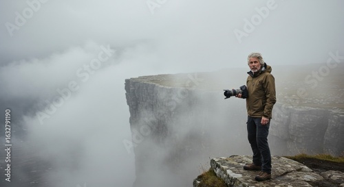 Man on cliff edge in mist