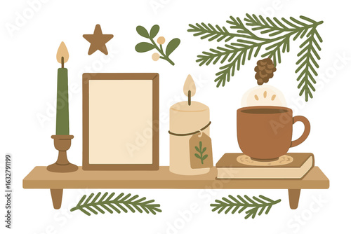 Cozy winter still life featuring candles, a warm drink, and seasonal decorations on a wooden shelf