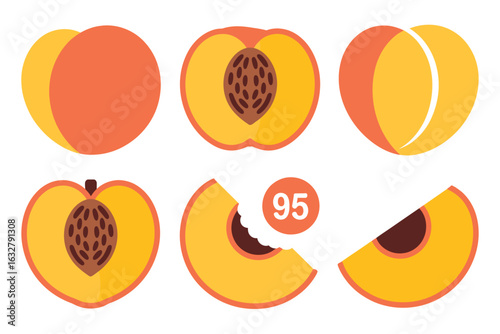 Set of six flat design illustrations of peaches and peach slices