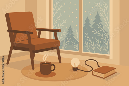 Cozy reading nook with warm coffee near window during winter afternoon