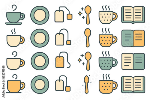 Illustrative collection of cups, plates, spoons, and tea bags in a cozy kitchen setting during a tea time gathering