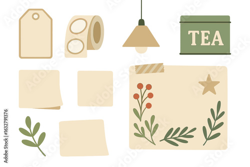 Decorative stationery elements and tea container in a warm, cozy setting for creative projects and DIY crafts