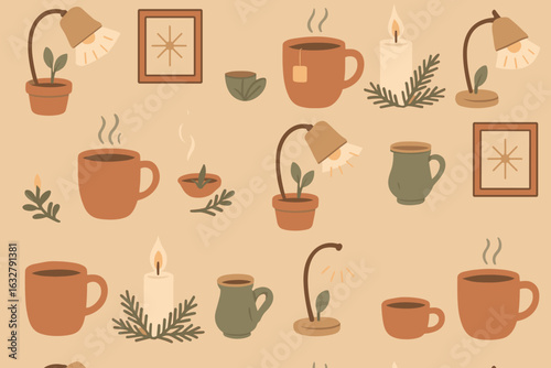 Cozy patterns of cups, plants, and candles in a warm color palette for home decor