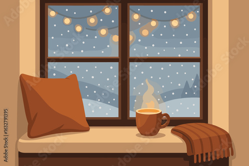 Cozy winter scene with warm drink on ledge by the window with snow and lights outside
