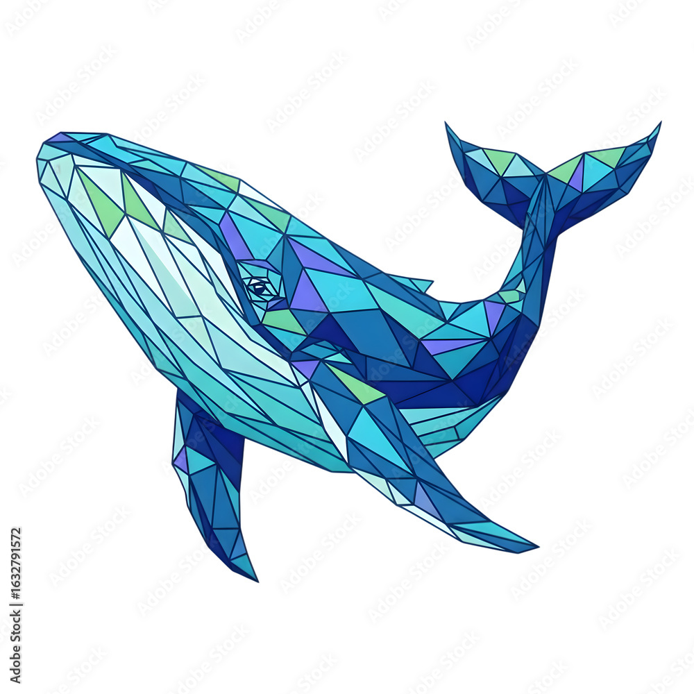 Naklejka premium Striking 4K vector illustration of a majestic whale composed of intricate polygonal shapes in a vibrant color palette isolated on transparent background
