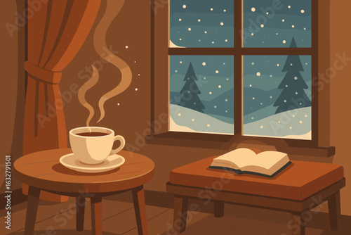 Cozy indoor winter setting with warm drink and snowy landscape visible through window