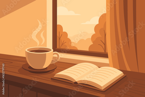 Warm coffee and an open book on a window sill with a serene autumn landscape outside