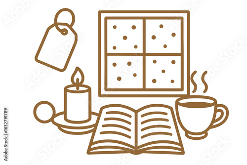 Cozy setup featuring a book, candle, coffee, and window during a tranquil indoor moment