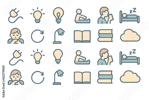 Creative icons illustrating daily activities and routines in a minimalist design featuring rest, learning, and reflection