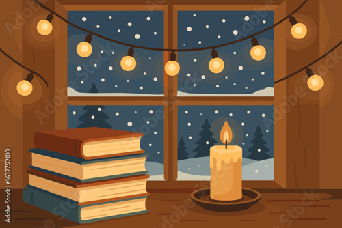 Cozy winter evening with books and a candle by the window during snowfall