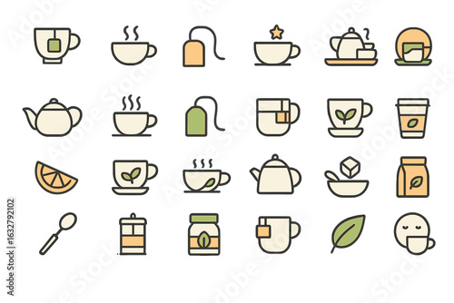 Various tea-related icons showcasing teapots, cups, and ingredients along with a citrus slice and spoon